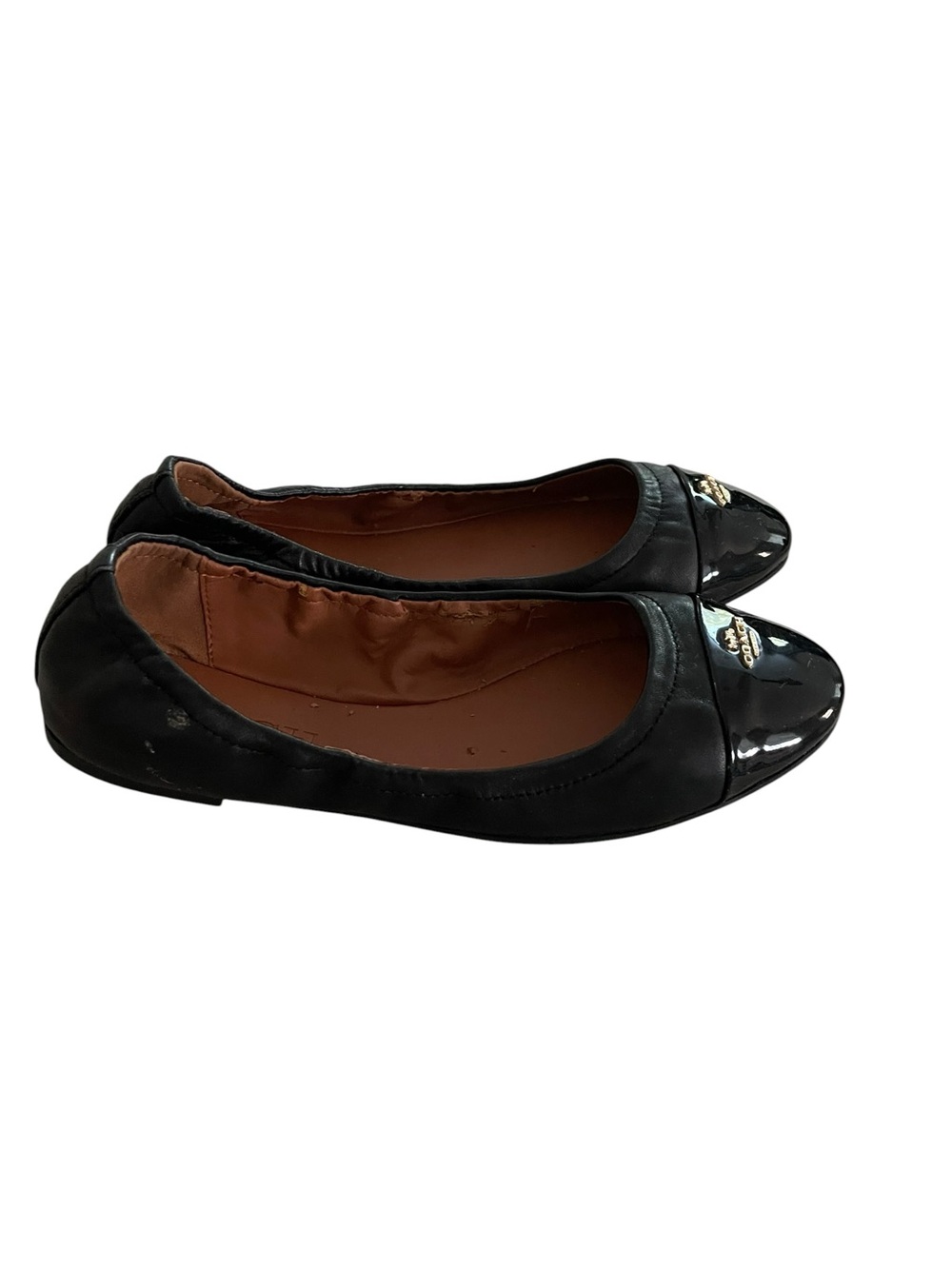 Coach Bonnie Black Leather & Patent Toe Logo Ballet Flats Size 7 - Picture 2 of 7